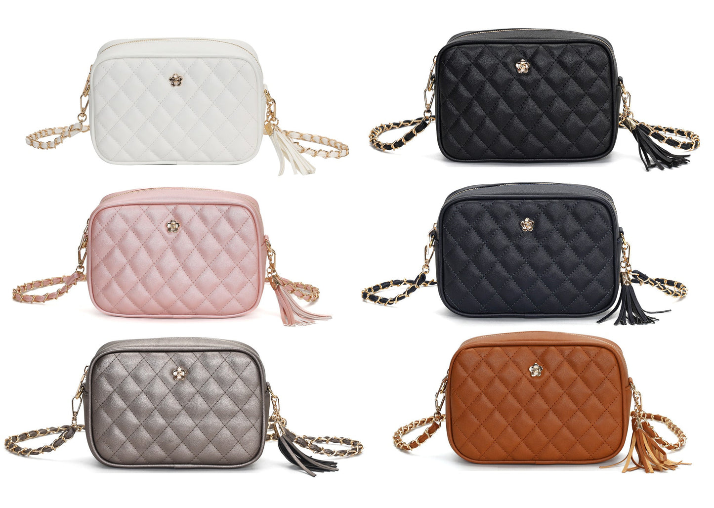 GESSY QUILTED DIAMOND SHAPE PATTERN HANDBAG WITH FLORA BUTTON IN WHITE