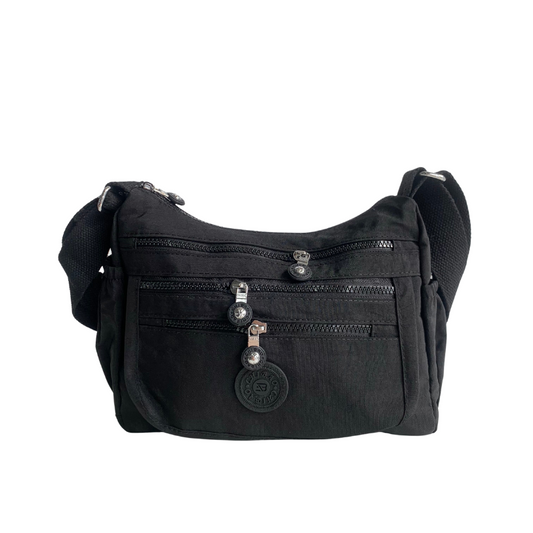 GESSY FRONT TRIPLE ZIP NYLON CROSSBODY BAG IN BLACK