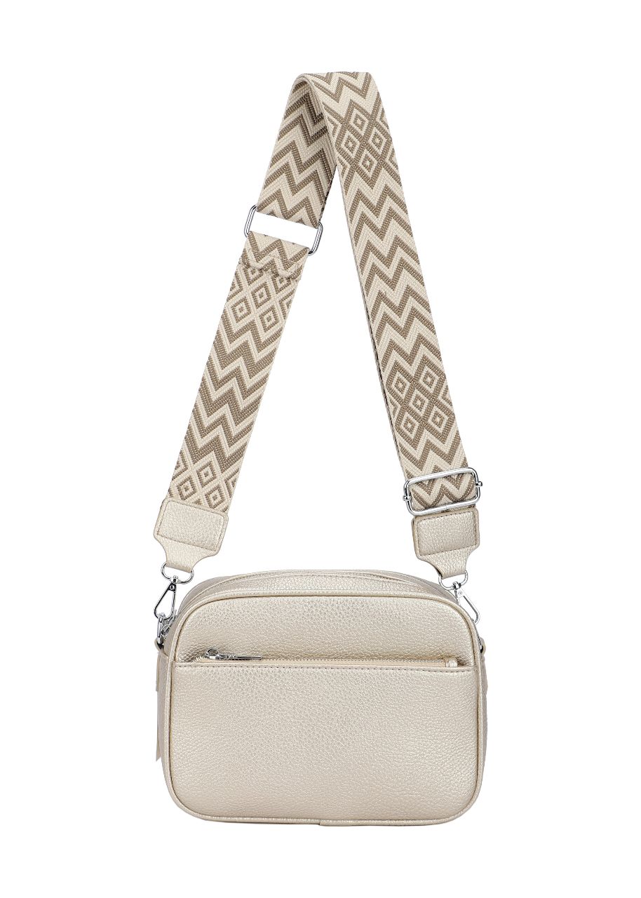 GESSY FRONT ZIP PU LEATHER CAMERA BAG WITH PATTERNED STRAP