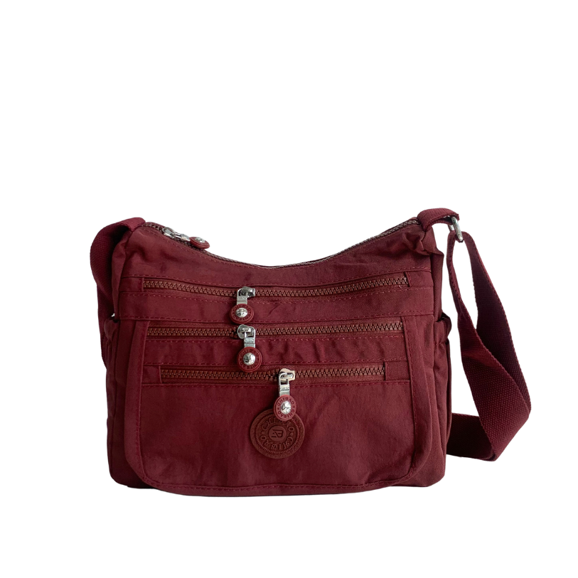 GESSY FRONT TRIPLE ZIP NYLON CROSSBODY BAG IN RED