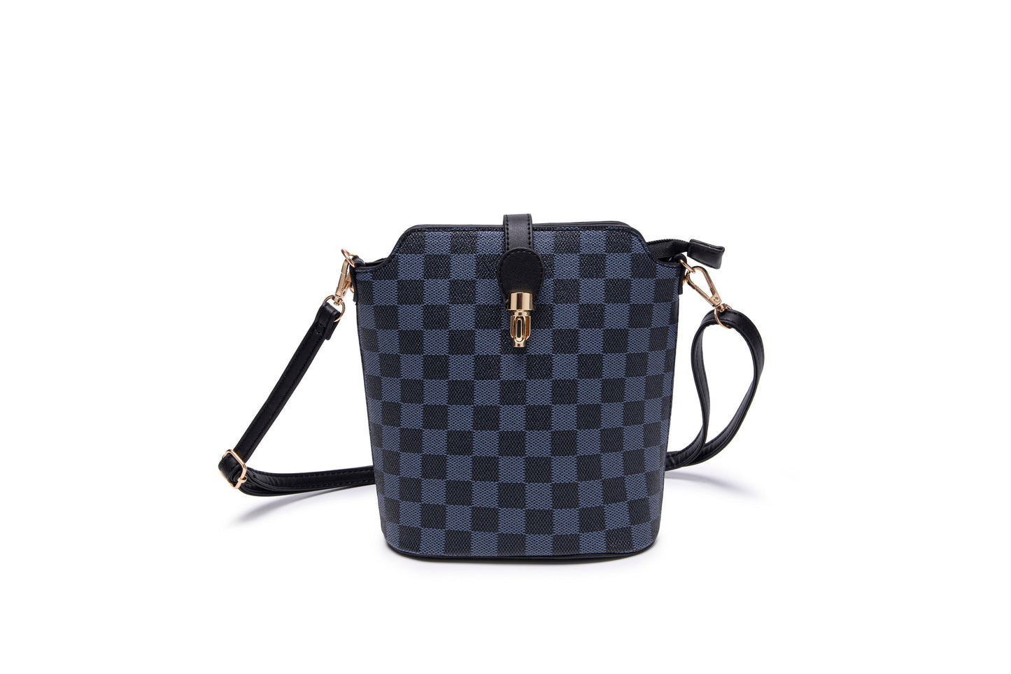 GESSY PLAID SLEEK VEGAN LEATHER LOOP LOCKER CROSSBODY BAG IN BLACK