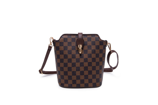 GESSY PLAID SLEEK VEGAN LEATHER LOOP LOCKER CROSSBODY BAG IN COFFEE