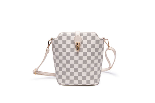 GESSY PLAID SLEEK VEGAN LEATHER LOOP LOCKER CROSSBODY BAG IN CREAM