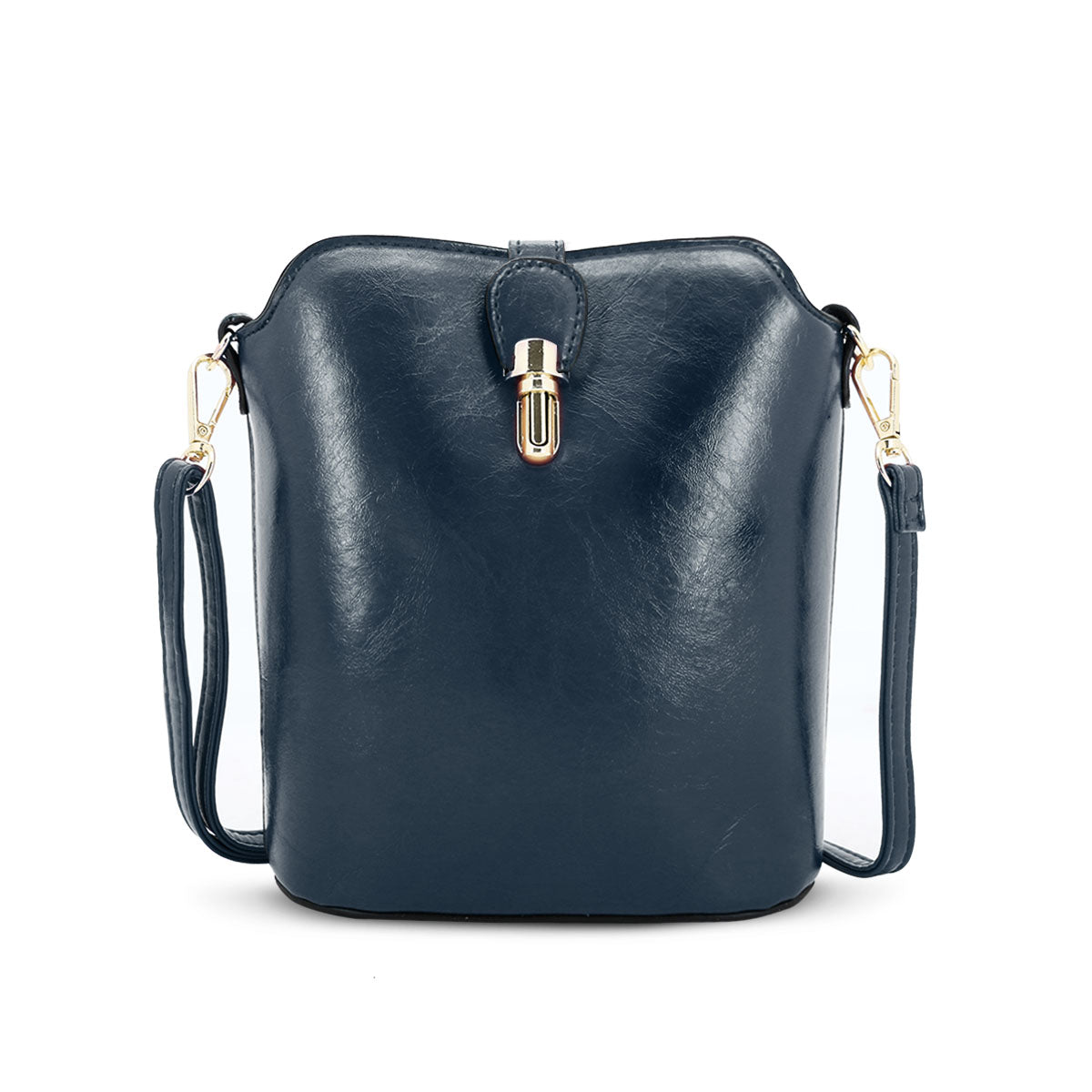 GESSY SLEEK VEGAN LEATHER LOOP LOCKER HANDBAG IN DARK BLUE