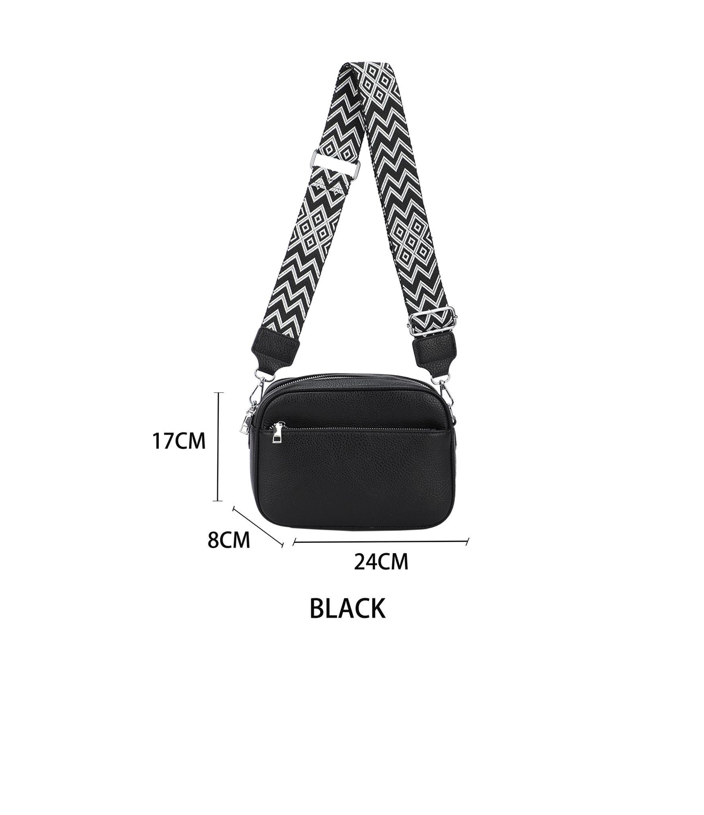 GESSY FRONT ZIP PU LEATHER CAMERA BAG WITH PATTERNED STRAP
