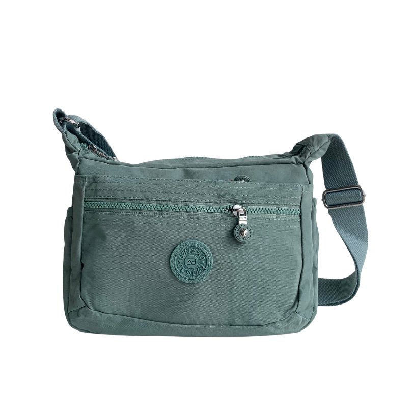 GESSY NYLON FRONT ZIP MULTI-LAYER CROSSBODY BAG IN GREEN