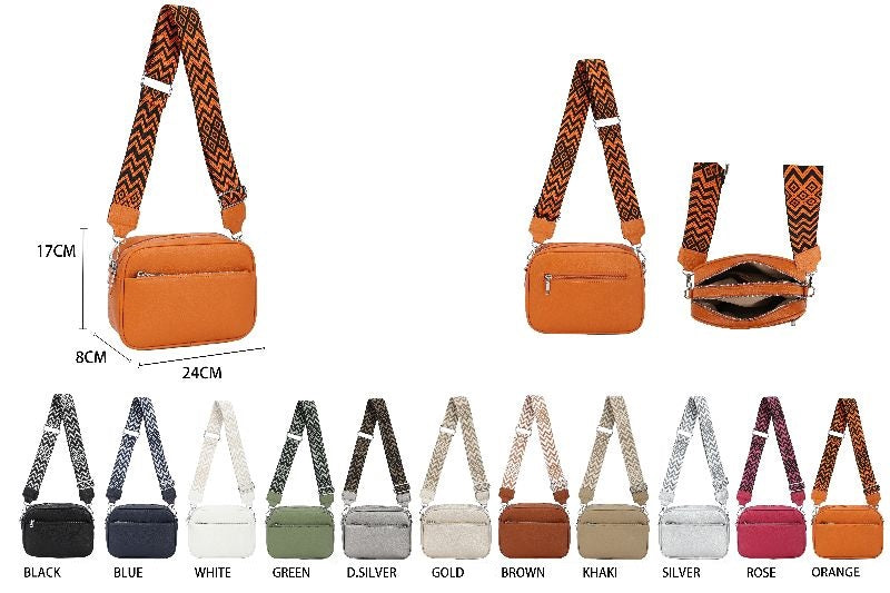 GESSY FRONT ZIP PU LEATHER CAMERA BAG WITH PATTERNED STRAP