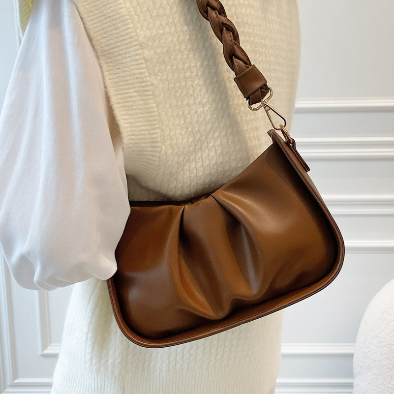 GESSY RUCHED DESIGN SOLID COLOR TWISTED STRAP HANDBAG WITH OPTIONAL SHOULDER STRAP
