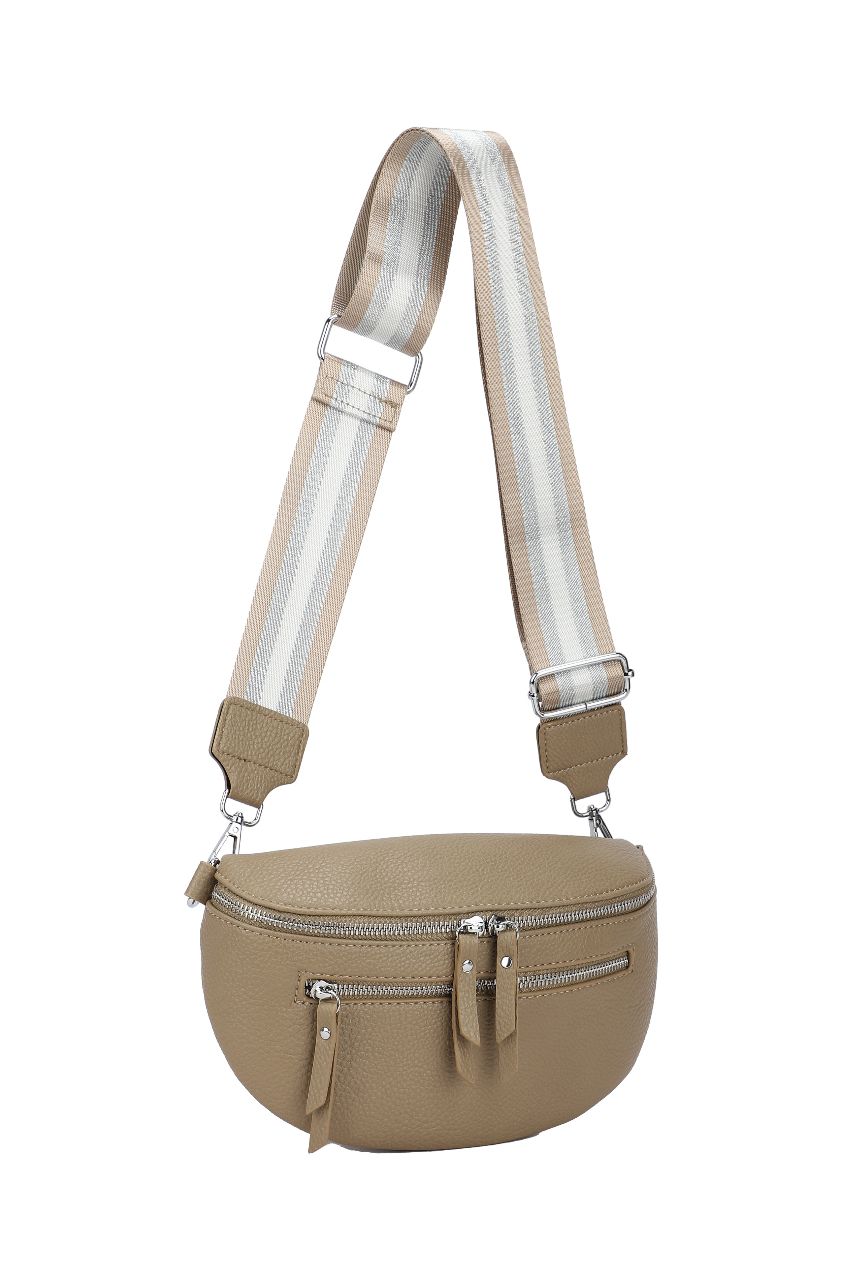 GESSY DOUBLE ZIP BELT WAIST BUM BAG WITH STRIP PATTERNED SHOULDER STRAP