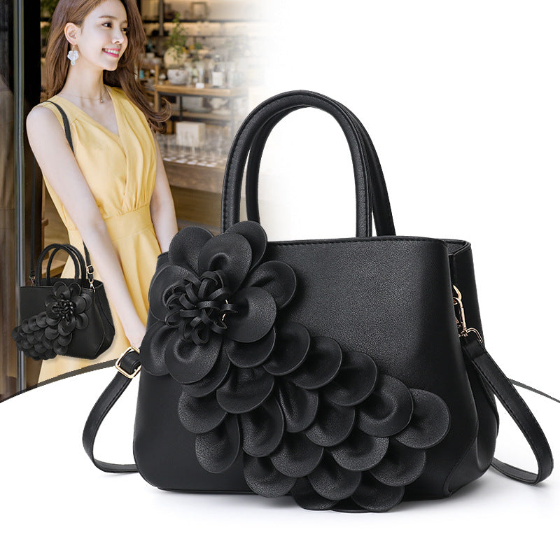 GESSY PU LEATHER 3D FLOWER DECOR HANDBAG TOTE BAG