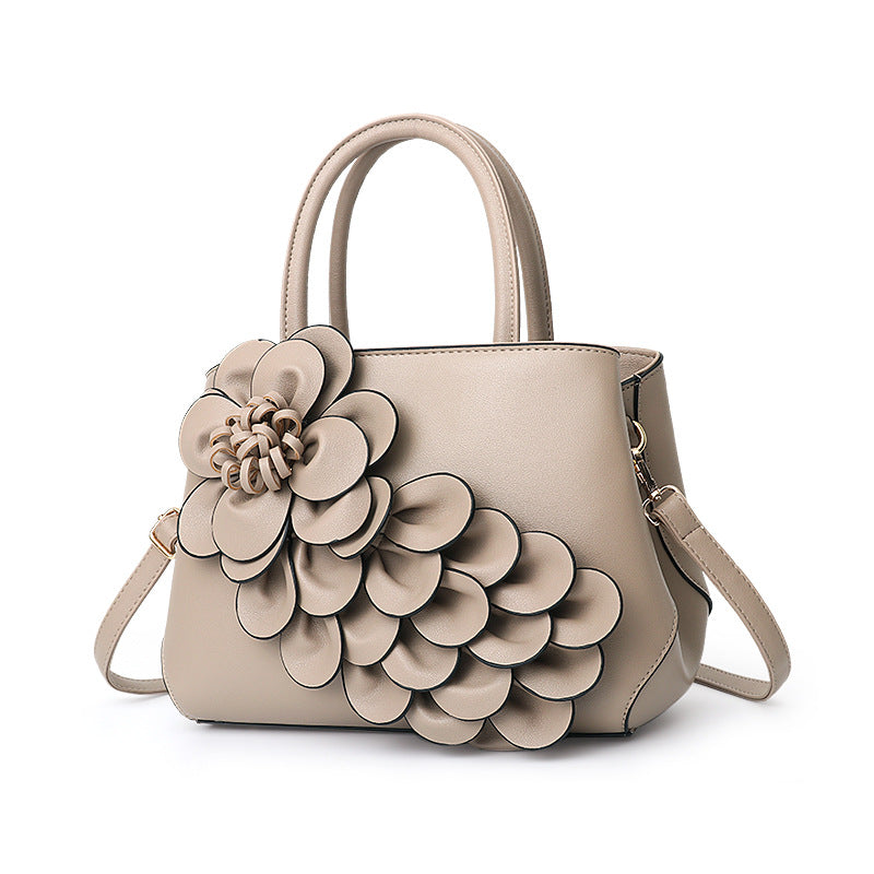GESSY PU LEATHER 3D FLOWER DECOR HANDBAG TOTE BAG IN KHAKI