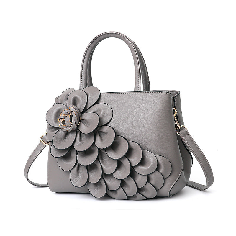 GESSY PU LEATHER 3D FLOWER DECOR HANDBAG TOTE BAG IN GREY