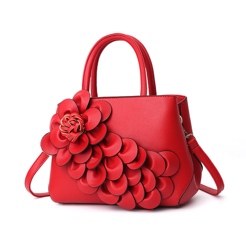 GESSY PU LEATHER 3D FLOWER DECOR HANDBAG TOTE BAG IN RED
