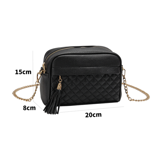 GESSY TASSLE ZIP CHAIN STRAP CROSSBODY CAMERA BAG IN BLACK