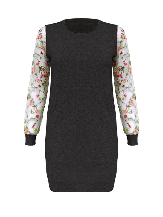 Anna Smith Ladies embroidered mesh sleeves round neck knitted bodycon dress