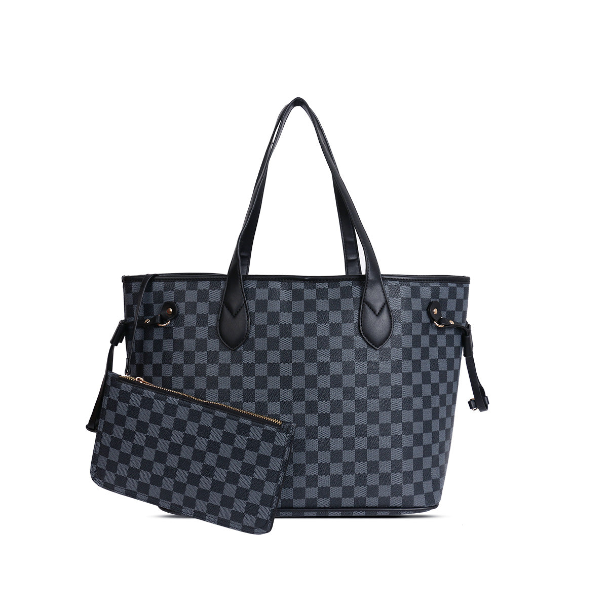 GESSY CHECKERED TOTE HANDBAG WITH SMALL CLUTCH BAG 2 PCS SET IN BLACK