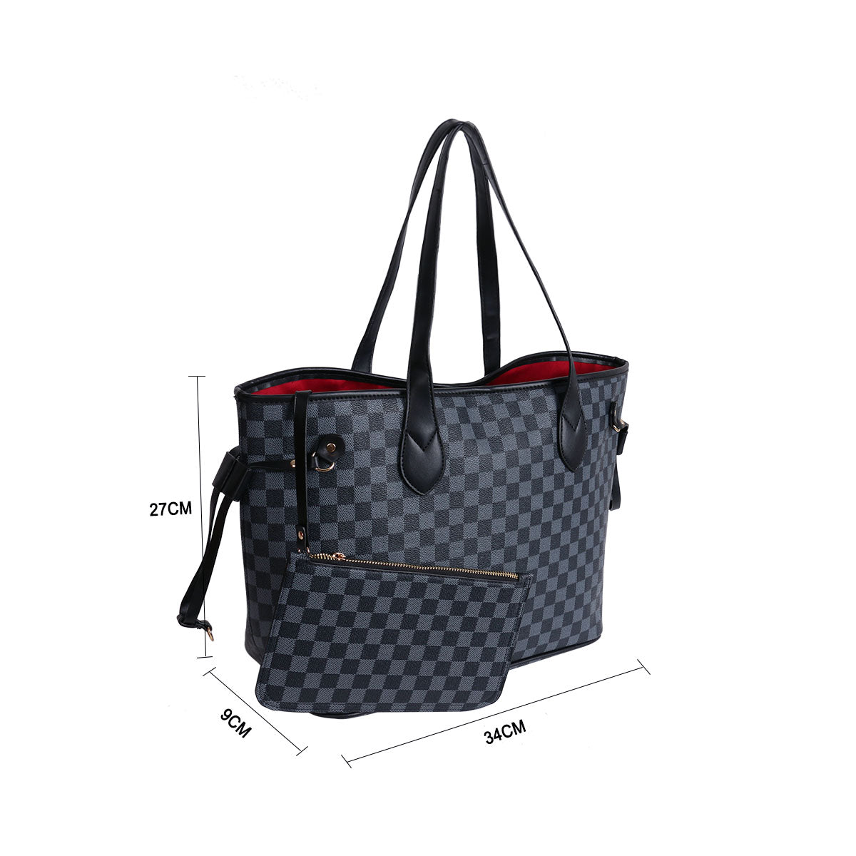 GESSY CHECKERED TOTE HANDBAG WITH SMALL CLUTCH BAG 2 PCS SET IN BLACK