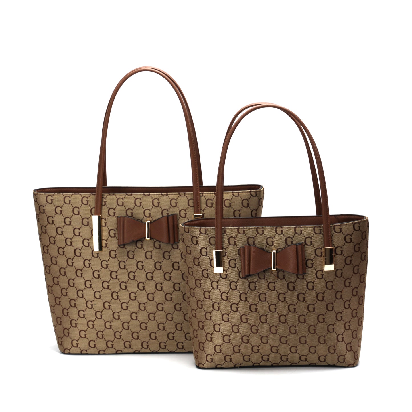 GESSY BOW DETAIL LOGO PRINT HANDBAG SET IN BROWN