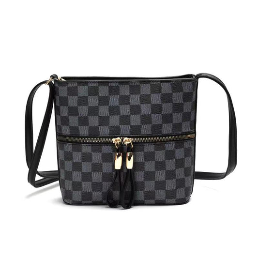 GESSY CHECKERED DOUBLE-SIDED ZIP CROSSBODY BAG IN BLACK