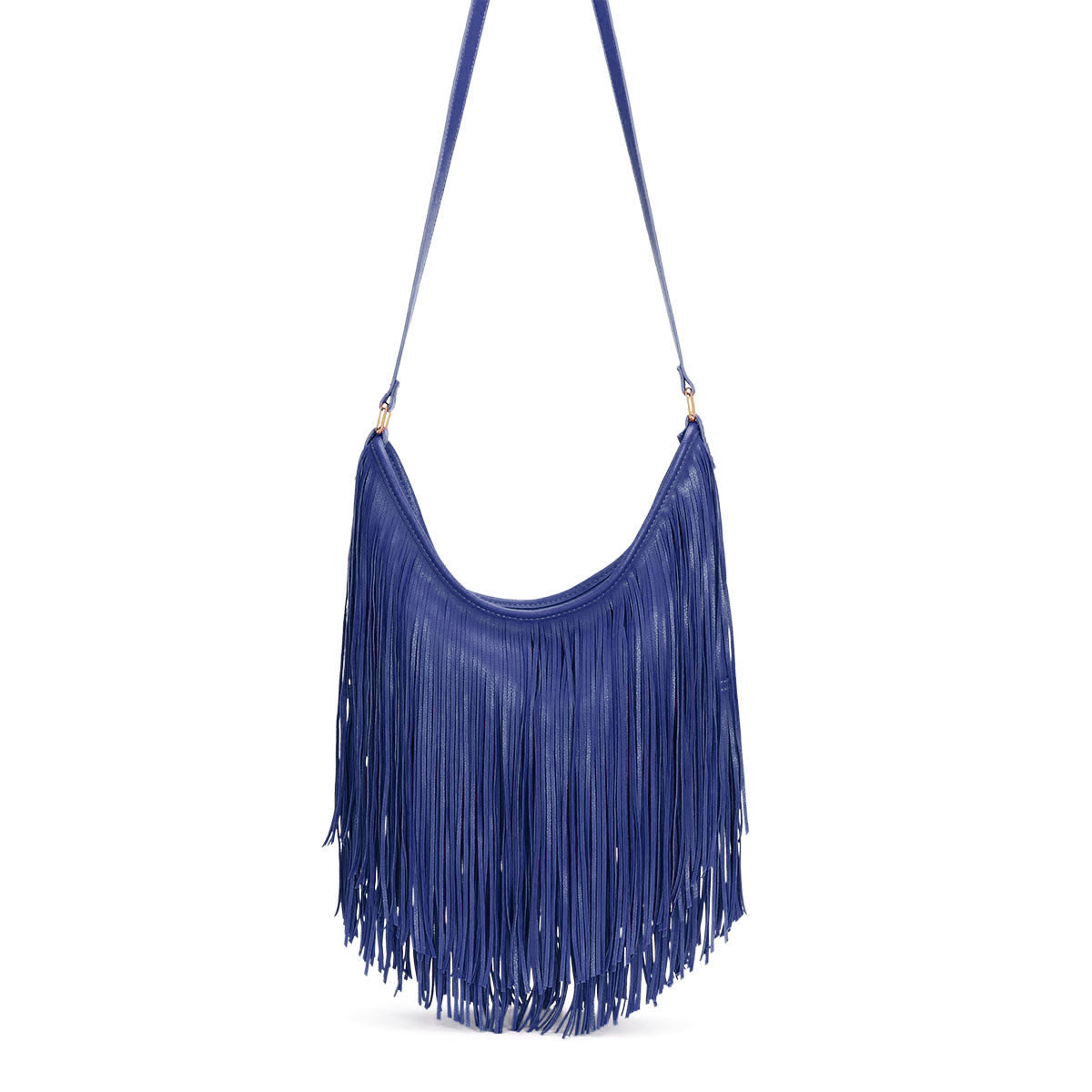 GESSY TASSEL COWGIRL FRINGE DECOR SOFT FAUX LEATHER HANDBAG IN NAVY