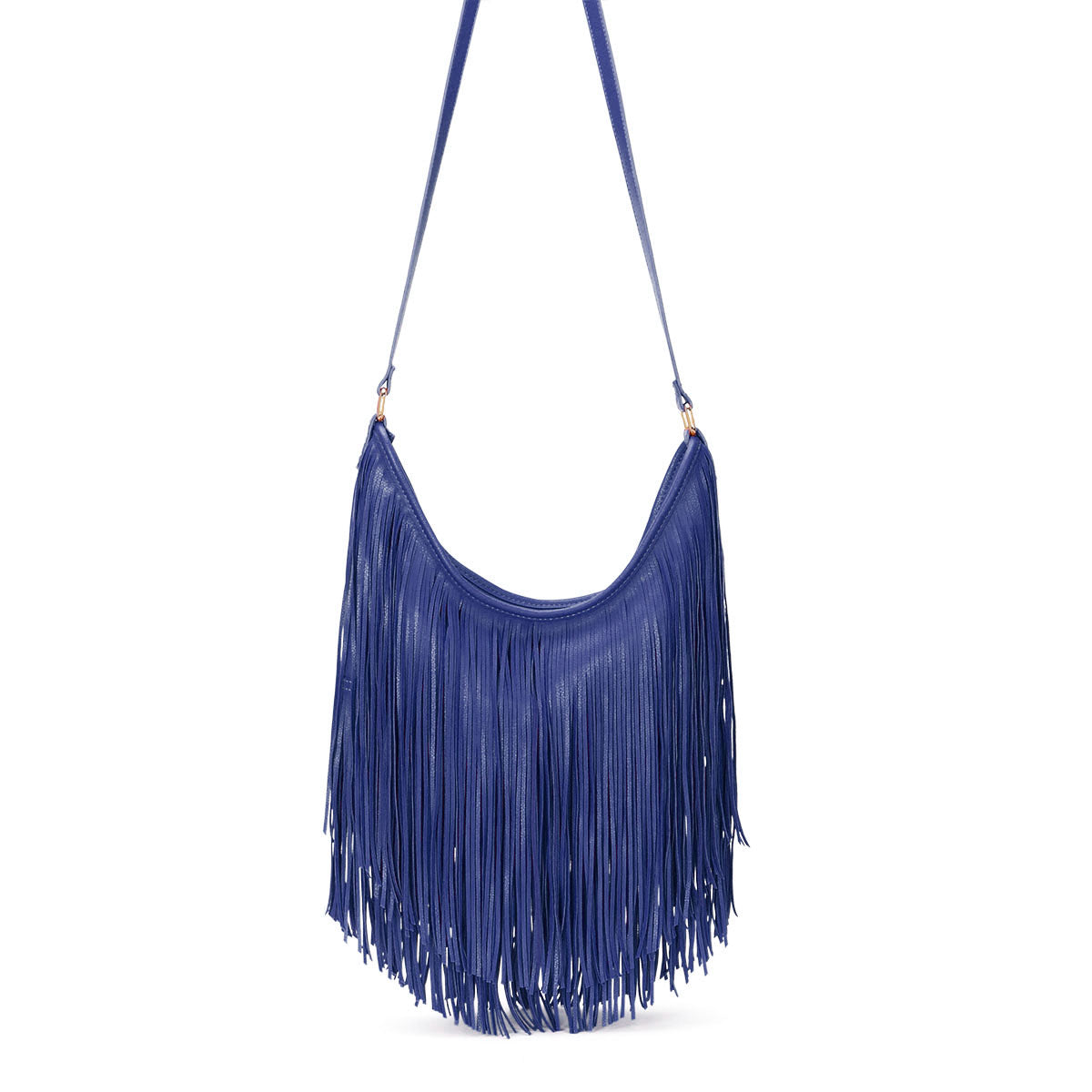GESSY TASSEL COWGIRL FRINGE DECOR SOFT FAUX LEATHER HANDBAG IN NAVY