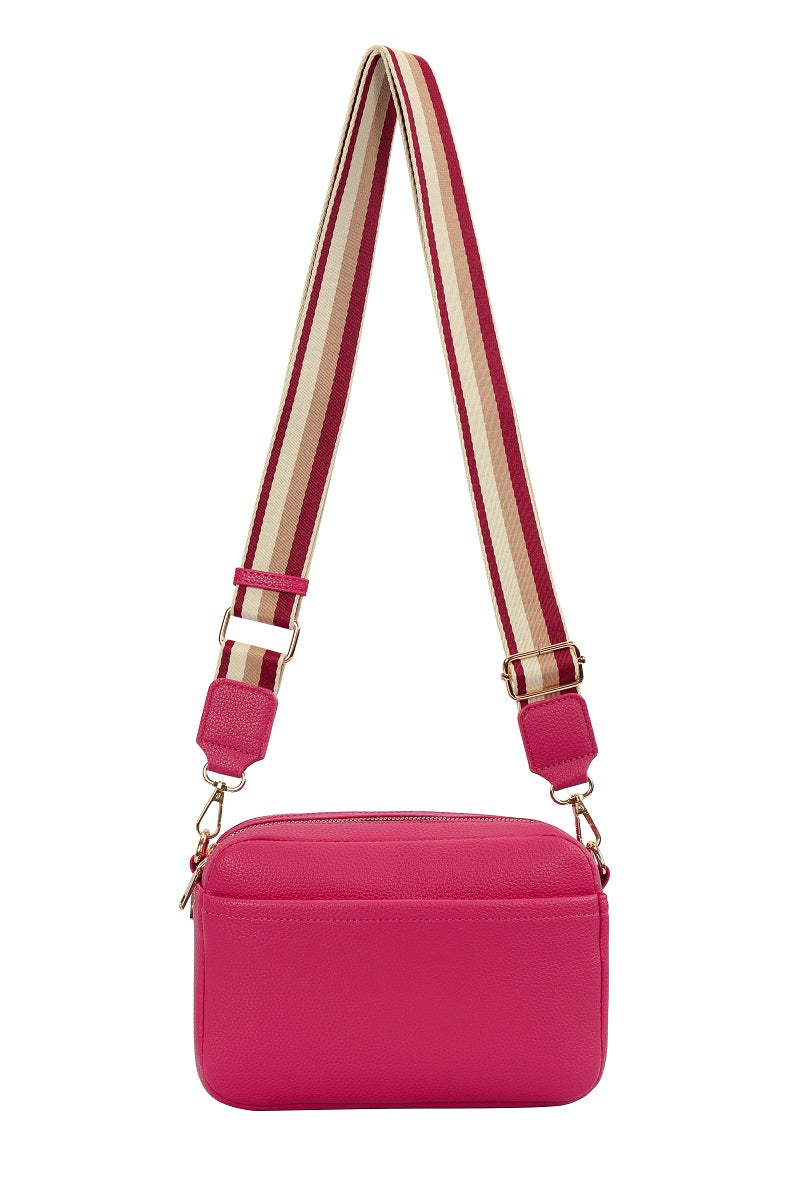 GESSY SOLID COLOR CROSSBODY BAG IN RED WITH STRIP PATTERNED STRAP