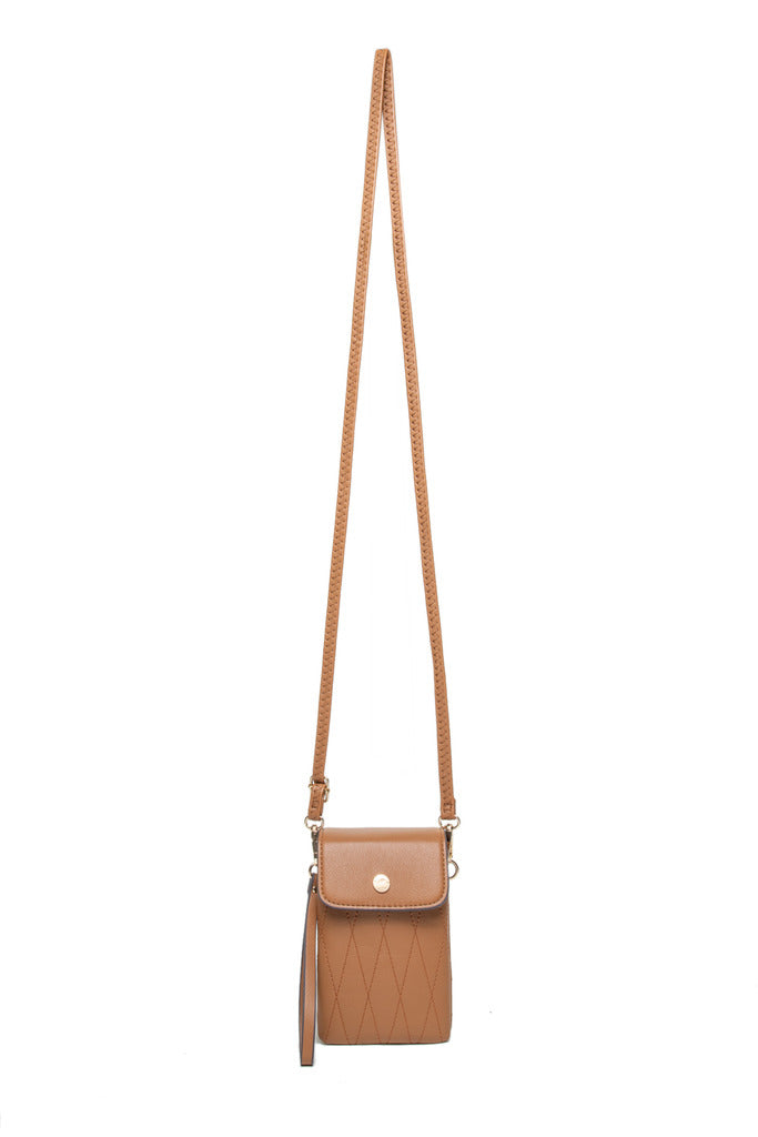 GESSY DIAMOND SHAPE PATTERNED CROSS BODY PHONE BAG IN COFFEE