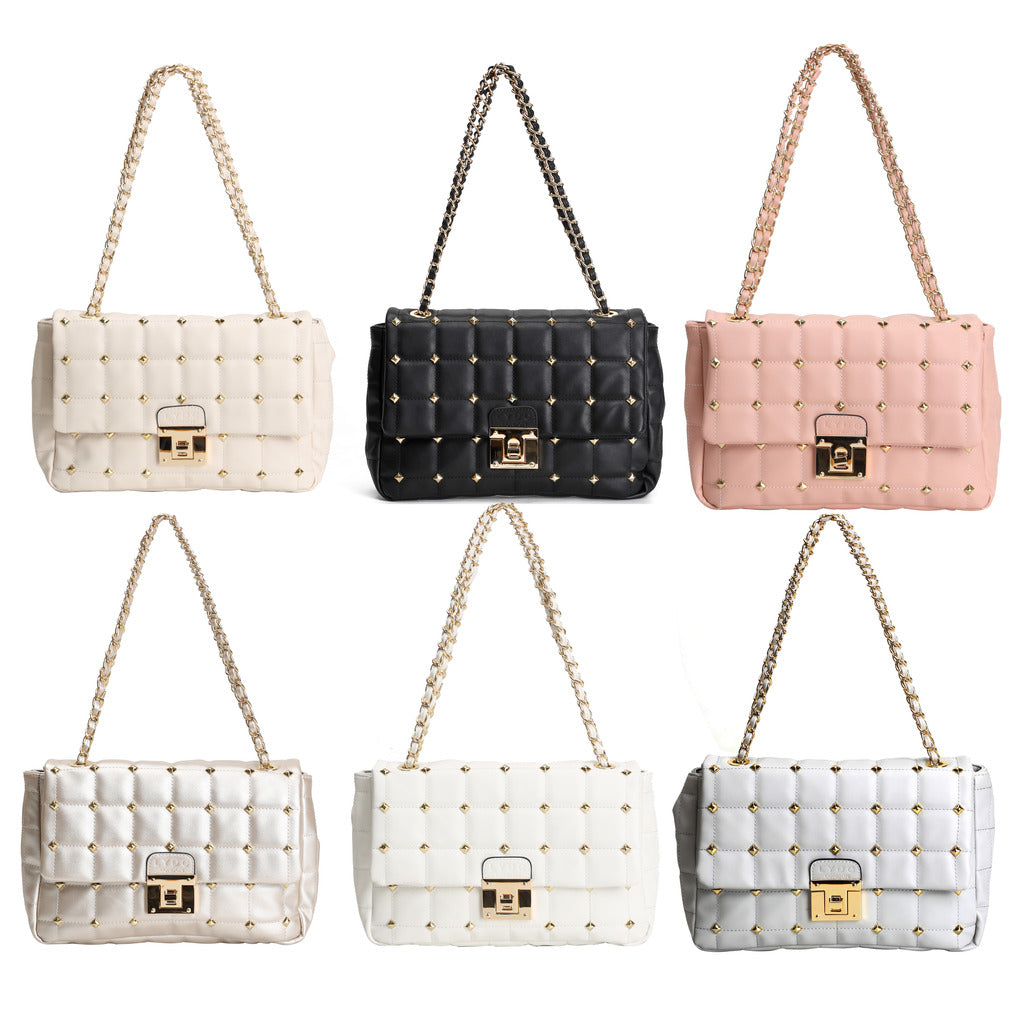 LYDC RIVET LATTICE QUILTED FLAP CHAIN BAG IN BLACK