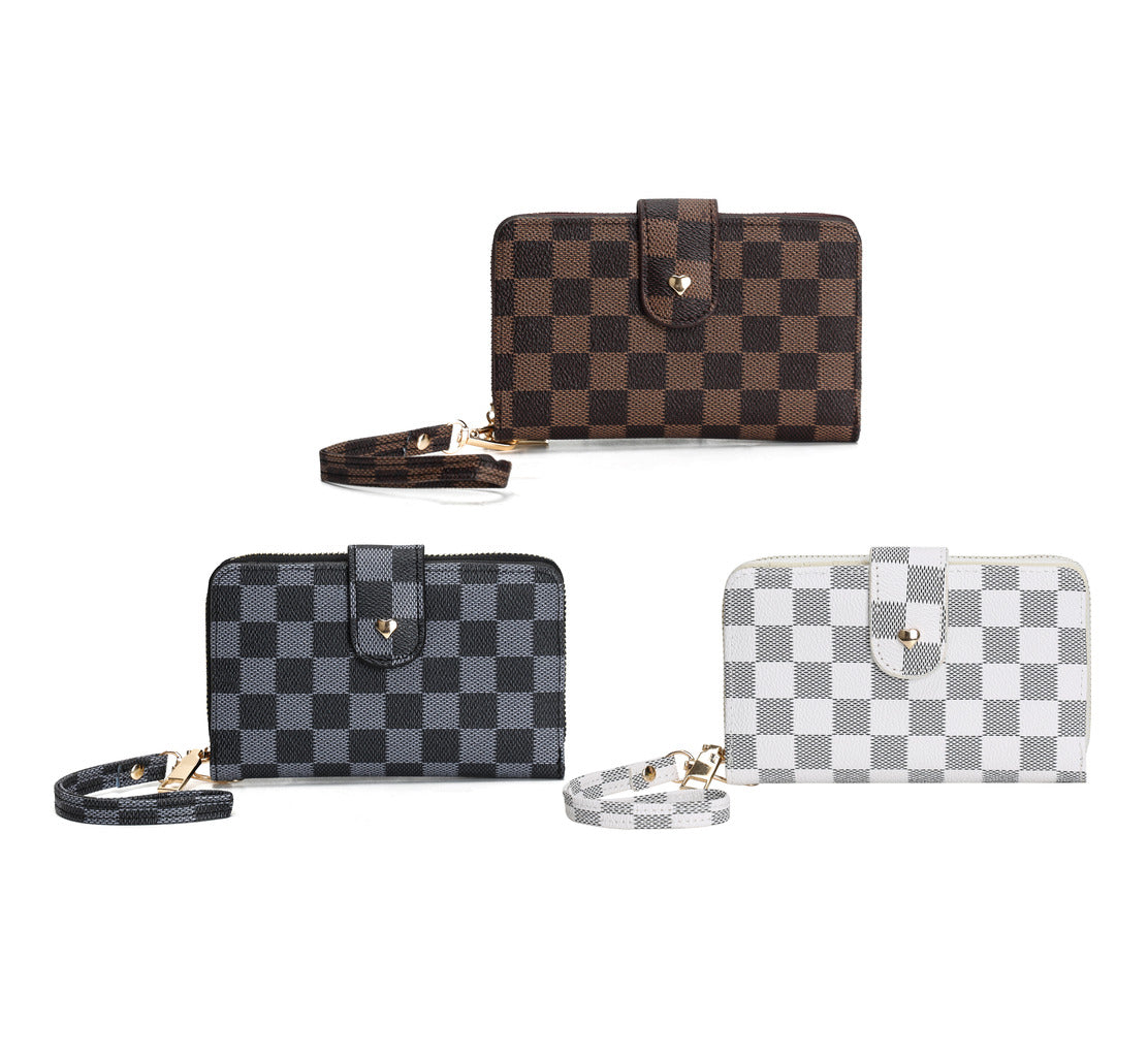 GESSY CHECKERED PRINT WALLET WITH LANYARD IN WHITE
