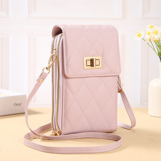 GESSY QUILTED DIAMOND SHAPED METAL SNAP CROSSBODY FLAP PHONE BAG IN PURPLE