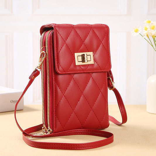 GESSY QUILTED DIAMOND SHAPED METAL SNAP CROSSBODY FLAP PHONE BAG IN RED