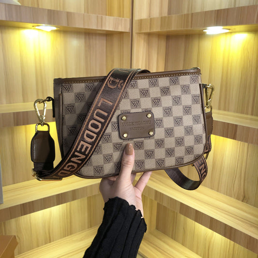 GESSY RETRO CHECKERED PRINT SQUARE BAG IN KHAKI WITH LETTER PATTERNED WIDE SHOULDER STRAP