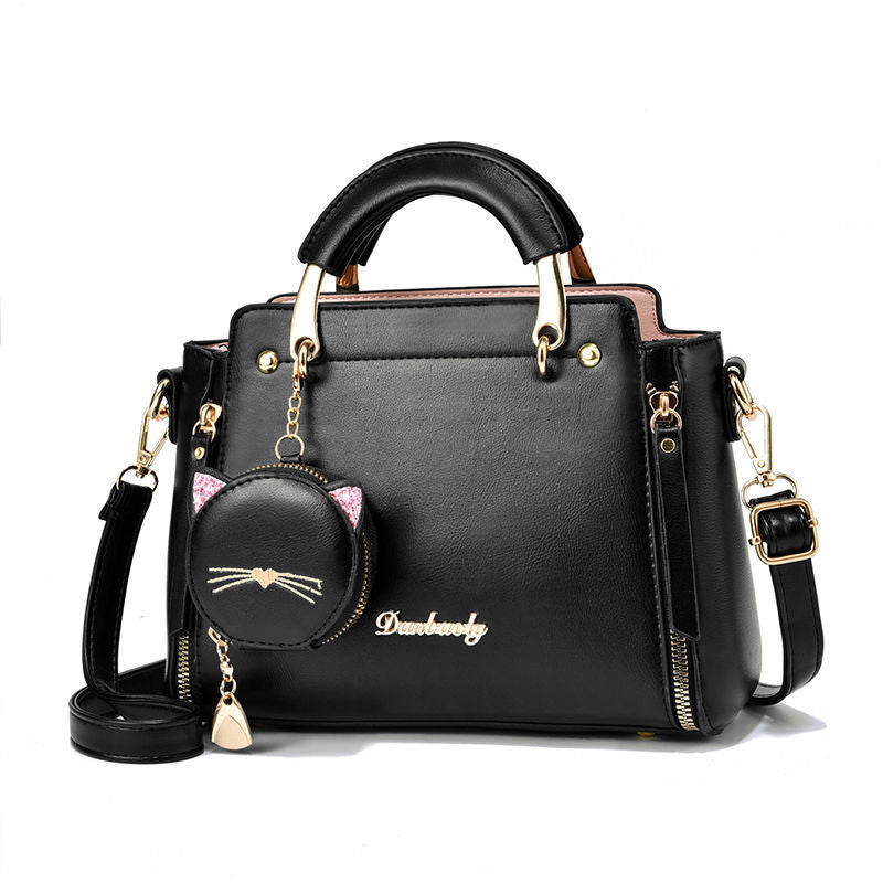 GESSY LEATHER METAL HANDLE BAG WITH KITTY COIN PURSE