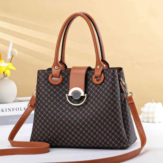 GESSY LATTICE PRINT HANDBAG IN BROWN WITH TAN HANDLE