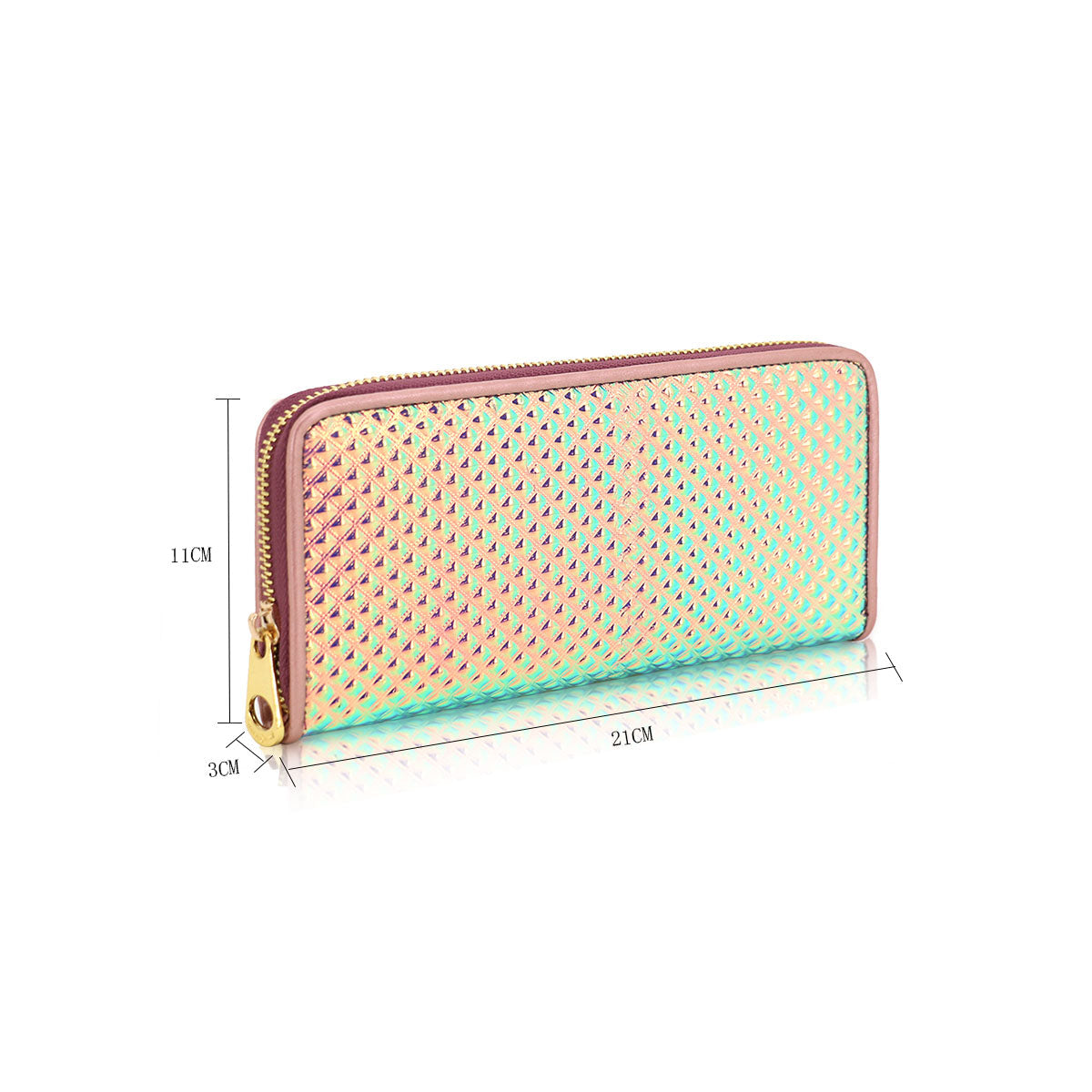 GESSY SINGLE ZIP GEOMETRIC METALLIC LONG PURSE IN LASER PINK