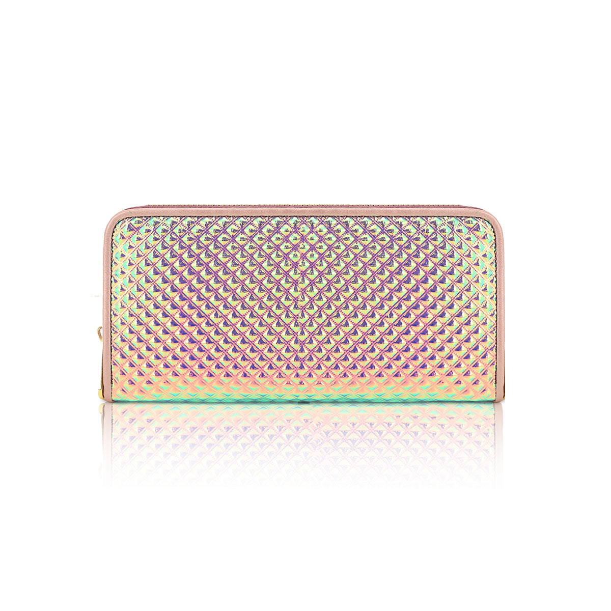 GESSY SINGLE ZIP GEOMETRIC METALLIC LONG PURSE IN LASER PINK