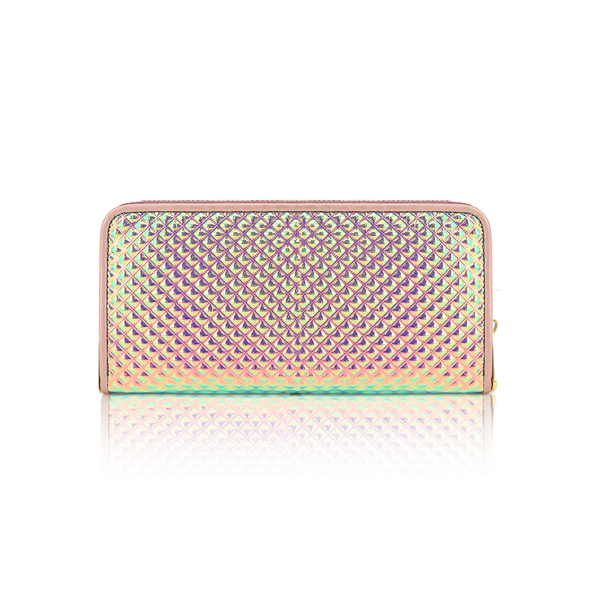 GESSY SINGLE ZIP GEOMETRIC METALLIC LONG PURSE IN LASER PINK