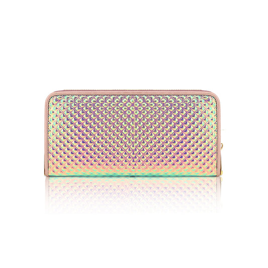 GESSY SINGLE ZIP GEOMETRIC METALLIC LONG PURSE IN LASER PINK