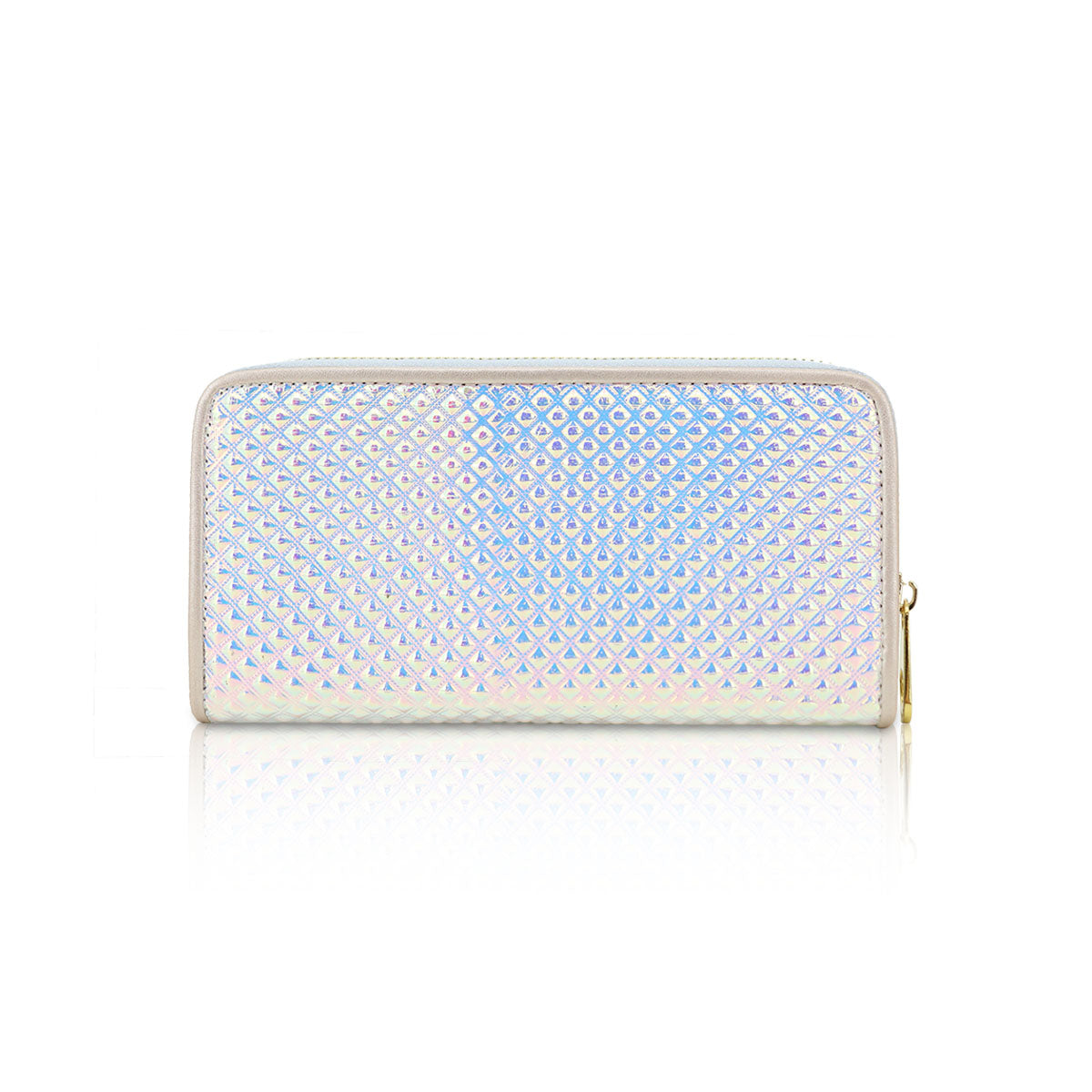 GESSY SINGLE ZIP GEOMETRIC METALLIC LONG PURSE IN LASER WHITE
