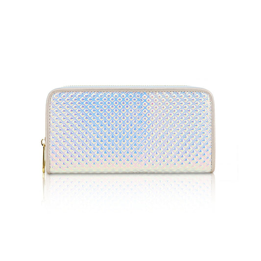 GESSY SINGLE ZIP GEOMETRIC METALLIC LONG PURSE IN LASER WHITE