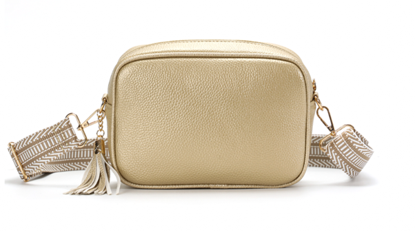 GESSY CAMERA TASSEL CLUTCH BAG WITH OPTIONAL PATTERNED SHOULDER STRAP