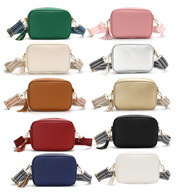 GESSY CAMERA TASSEL CLUTCH BAG WITH OPTIONAL PATTERNED SHOULDER STRAP