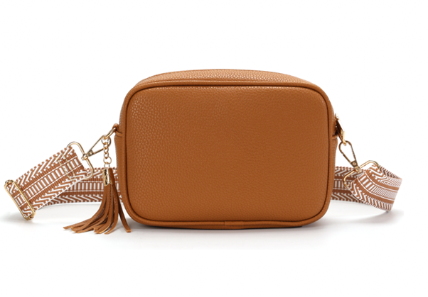 GESSY CAMERA TASSEL CLUTCH BAG WITH OPTIONAL PATTERNED SHOULDER STRAP