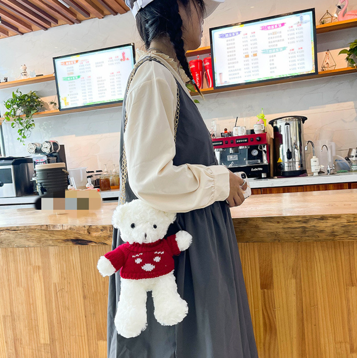 GESSY WHITE BEAR DOLL IN RED SWEATER CROSSBODY BAG