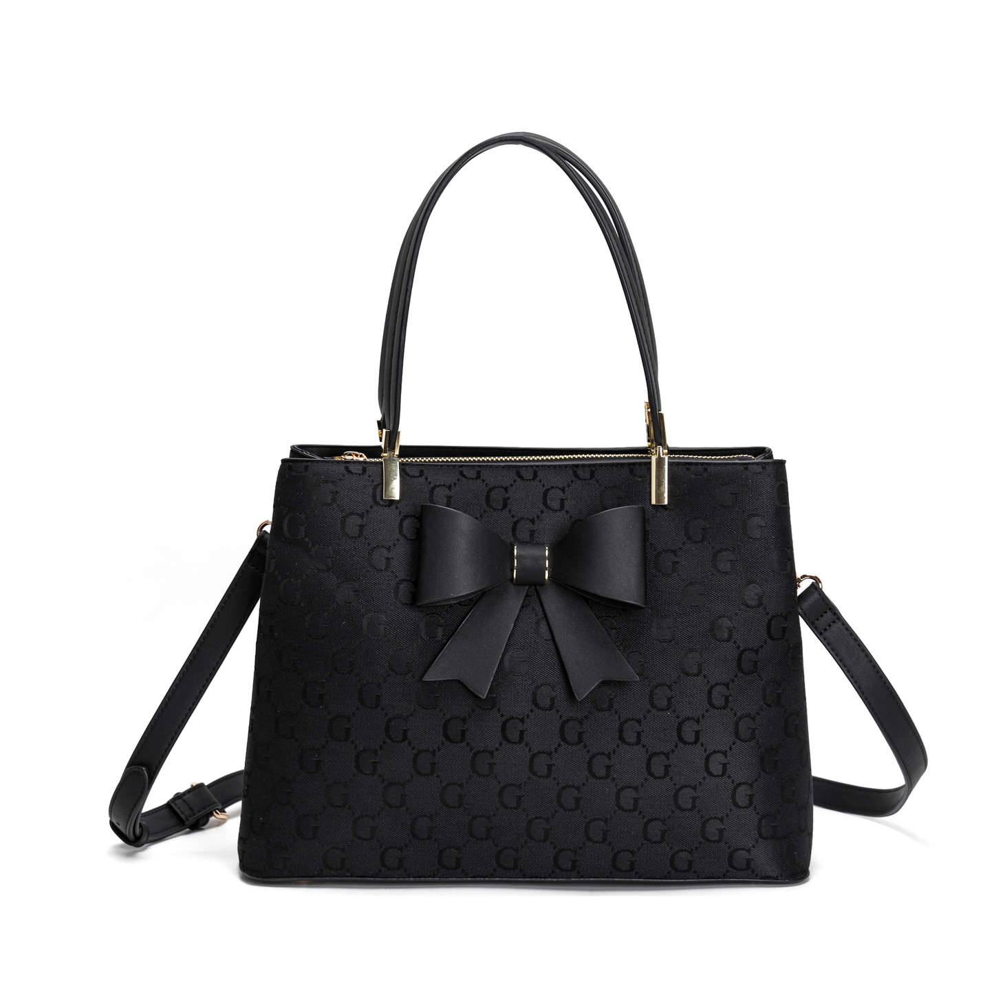 LYDC BOW DETAIL LETTER PRINT TOTE HANDBAG IN BLACK
