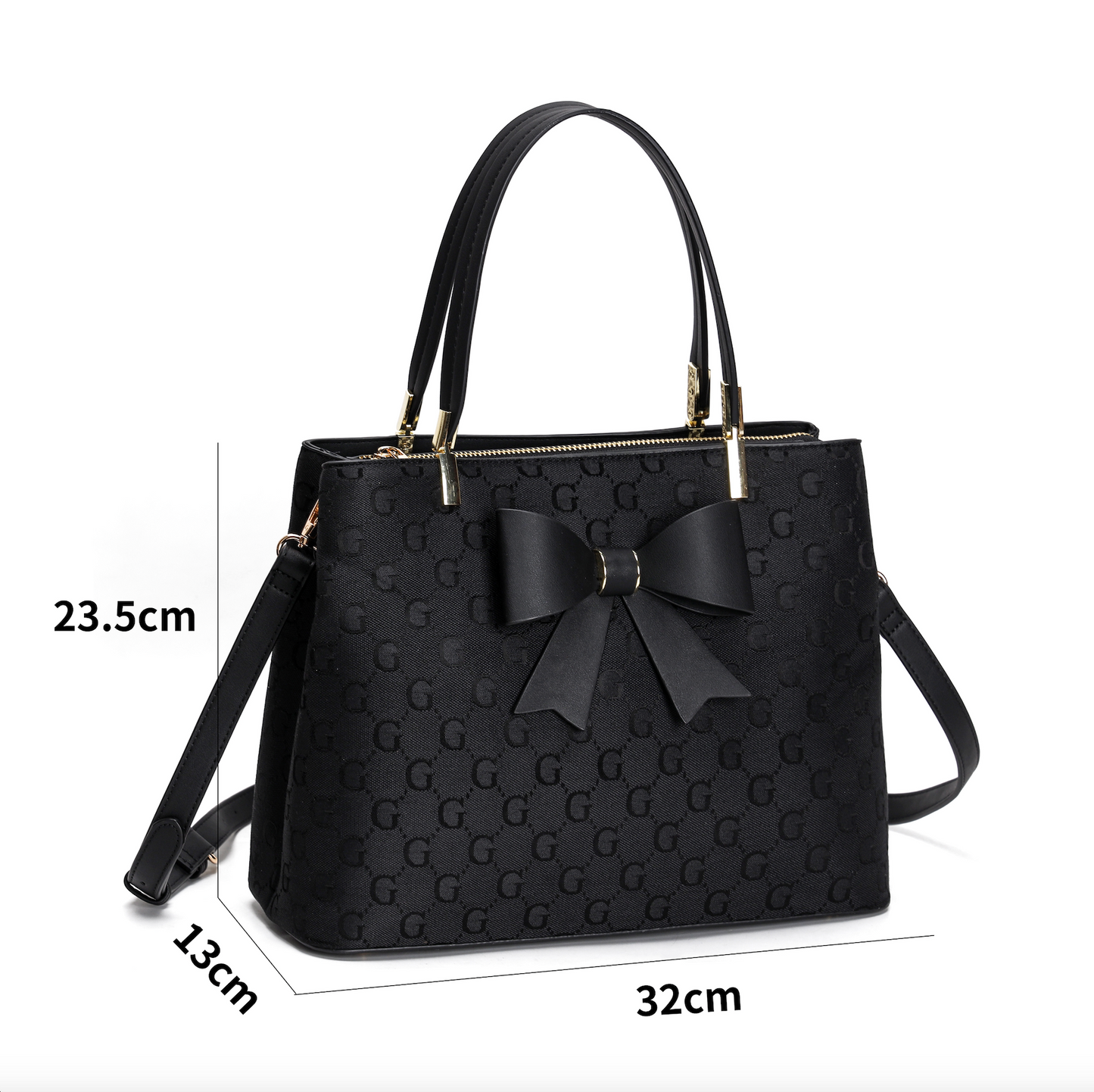 LYDC BOW DETAIL LETTER PRINT TOTE HANDBAG IN BLACK