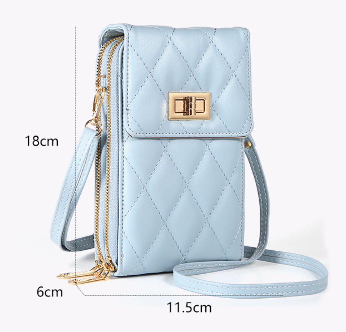 GESSY QUILTED DIAMOND SHAPED METAL SNAP CROSSBODY FLAP PHONE BAG IN PURPLE