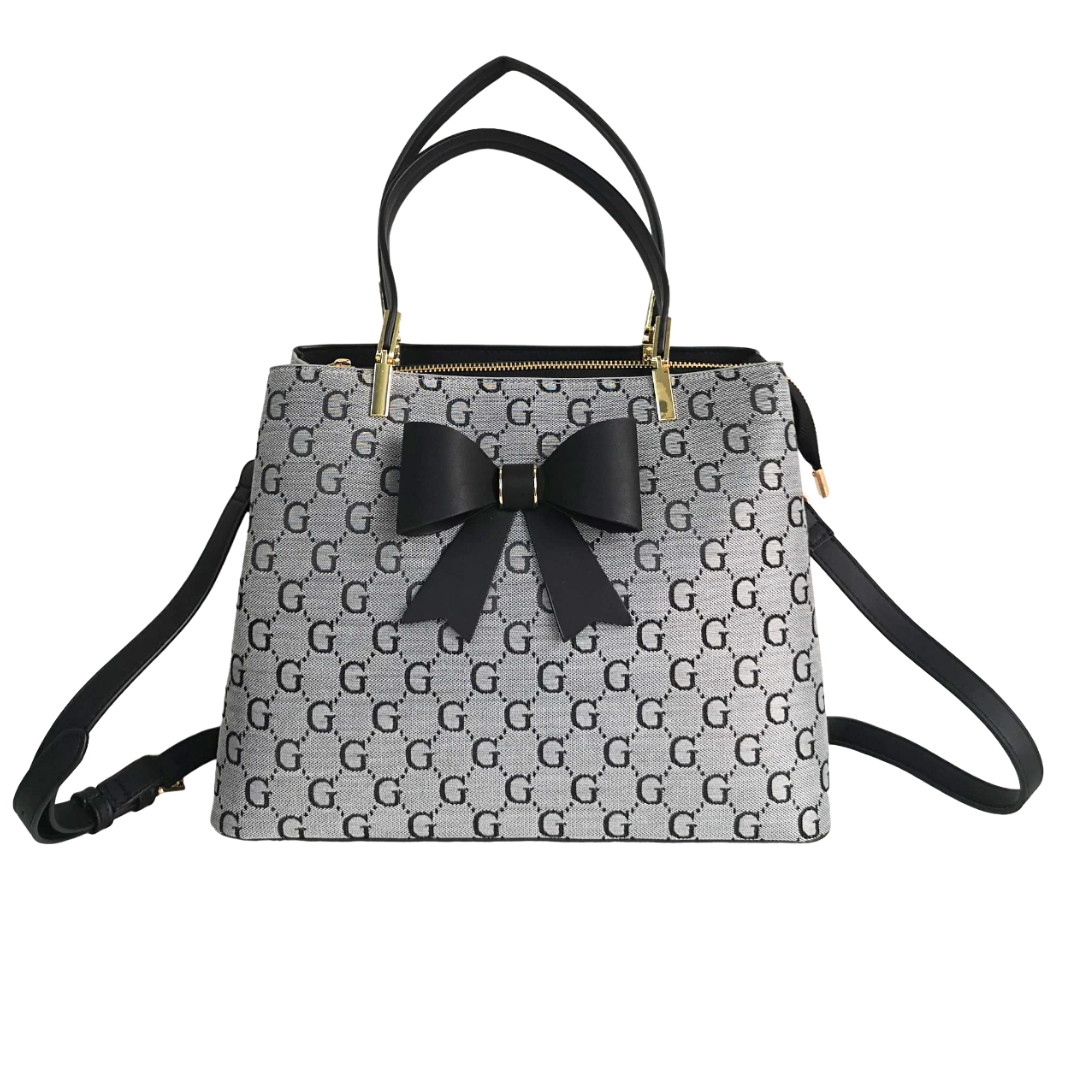 LYDC BOW DETAIL LETTER PRINT TOTE HANDBAG IN GREY