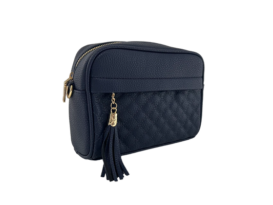 GESSY TASSLE ZIP CHAIN STRAP CROSSBODY CAMERA BAG IN NAVY