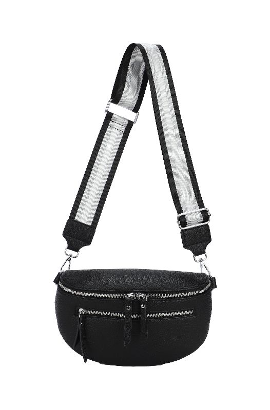 GESSY DOUBLE ZIP BELT WAIST BUM BAG WITH STRIP PATTERNED SHOULDER STRAP